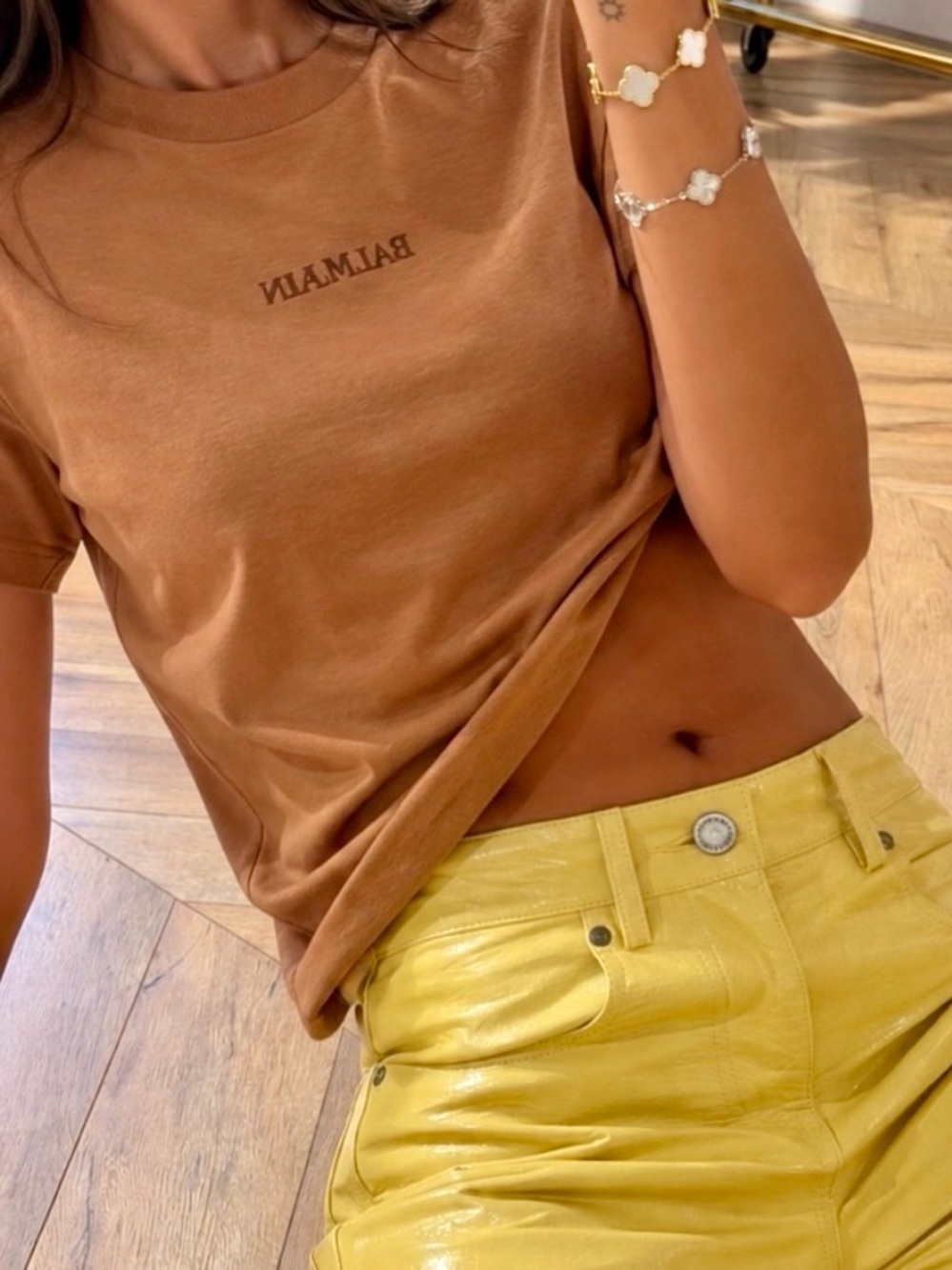 BALMAIN PARIS Short Sleeve Cropped Word Logo Graphic Tee Shirt
